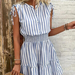 Blue & White Casual Women's Summer Striped Cotton Dress With Shoulder Pleats